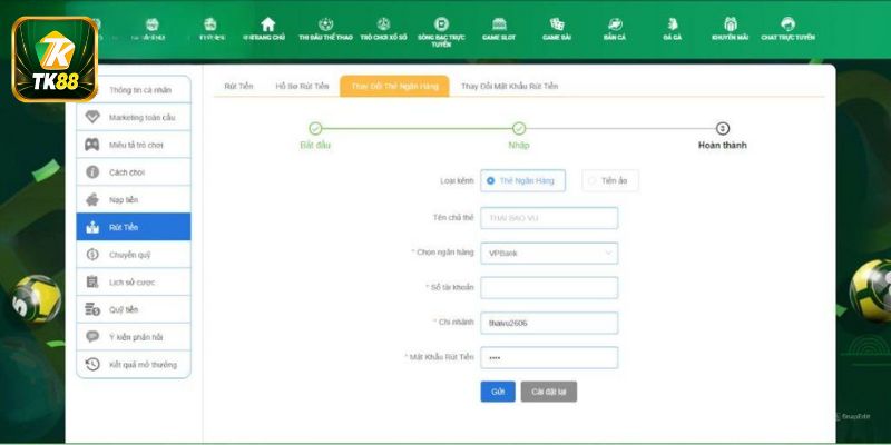Điền đầy đủ thông tin vào biểu mẫu TK88 cung cấp